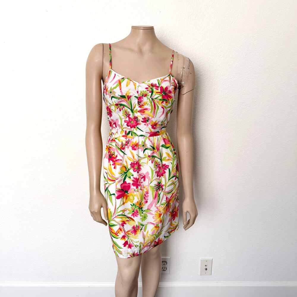 [J. Crew] Tropical Floral Print White Pink Seaside Cami Mini Dress Pockets Sz 8
